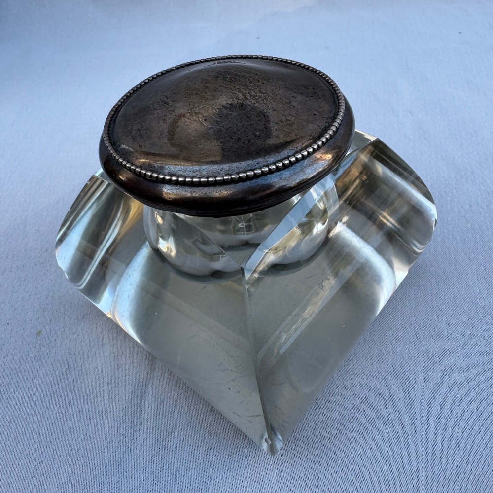 Vintage Antique Inkwell Glass Silver Monogram Victorian Engraved Desk Decor 3"